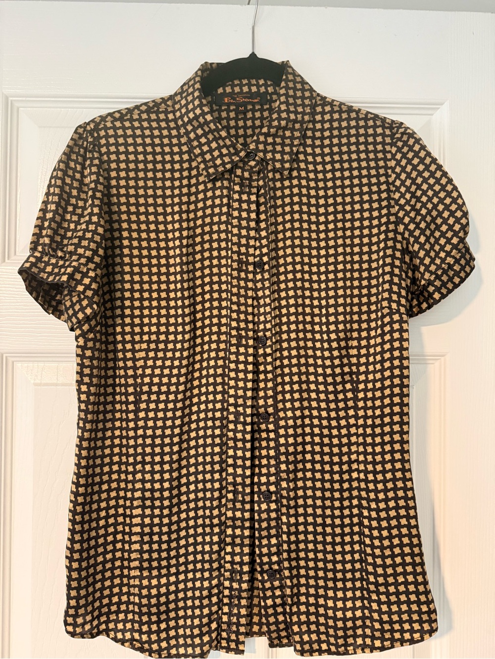 Ben Sherman 100% Silk Button Front Shirt Brown Geometric Print Size M Retro